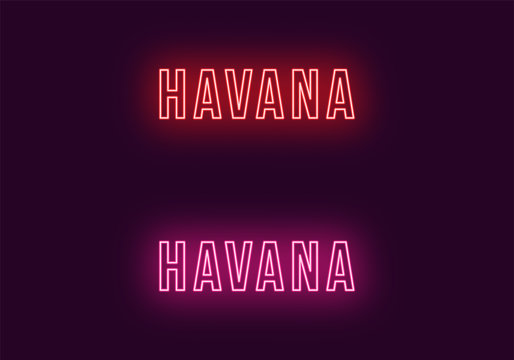Neon name of Havana city in Cuba. Vector text