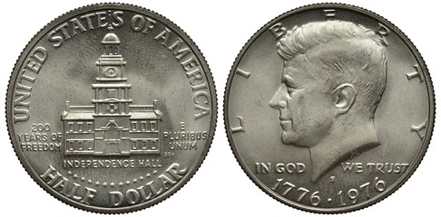 United States US silver coin 1/2 half dollar (50 fifty cents) 1976, bicentennial design, Independence Hall, building with clock tower, head of President Kennedy left,  - obrazy, fototapety, plakaty