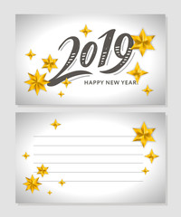 2019 hand written lettering with golden Christmas stars on a black background. Happy New Year card design. Vector illustration EPS 10 file.