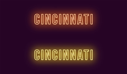 Fototapeta na wymiar Neon name of Cincinnati city in USA. Vector text