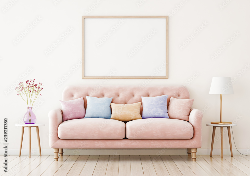Poster poster mockup with horizontal frame on empty wall in living room interior with pink sofa and multi-c