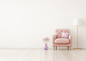 Living room interior wall mock up with pink tufted armchair, pastel pillow, standing lamp and flowers in vase on neutral empty warm white background.  Free space on left. 3D rendering.