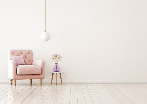 Living room interior wall mock up with pink tufted armchair, pastel pillow, hanging lamp and flowers in vase on  empty warm white background.  Free space on right. 3D rendering.