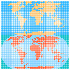 Dotted world map created by round dots in flat style. Two different versions of the world map on the same background. Design graphic element is saved as a vector illustration in the EPS file format