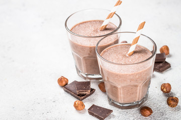 Chocolate coconut hazelnut milkshake or smoothie top view.