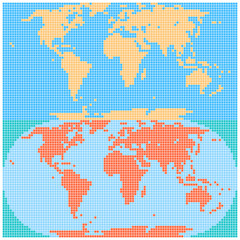 Dotted world map created by square dots in flat style. Two different versions of the world map on the same background. Design graphic element is saved as a vector illustration in the EPS file format