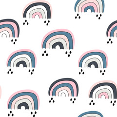 Nahtloses kindisches Muster mit süßem Regenbogen. Kreative skandinavische Kindertextur für Stoff, Verpackung, Textil, Tapete, Bekleidung. Vektor-Illustration