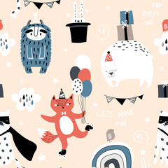 Naadloos kinderachtig patroon met schattige monster-, vos-, beer-, luipaard- en feestelementen. Creatieve kindertextuur voor stof, verpakking, textiel, behang, kleding. vector illustratie