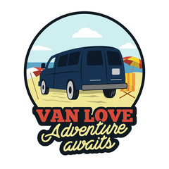 Van badge. Adenture awaits quote. Happy camper on the beach scene concept. Perfect for T-Shirt, mug, sticker. prints. Stock vector emblem isolated on white background.