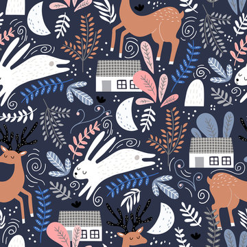 Seamless woodland pattern with deer, bunny and forest house. Creative kids for fabric, wrapping, textile, wallpaper, apparel. Vector illustration