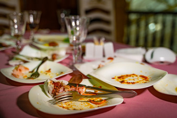 Dishes and glasses are dirty on the table after eating. Empty plates with remnants of food after diner.