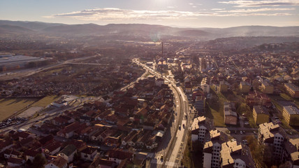 Aerial view of Kragujevac town in central Serbia. Sunny day on start of winter.