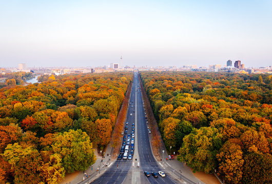 Aerial panoramic view of Berlin Tiergarten and skyline in autumn