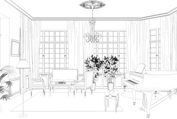 interior contour visualization, 3D illustration, sketch, outline