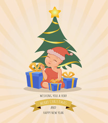  Merry Christmas and New year child en santa cap, tree, boxing box 