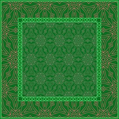 Pattern of Geometric ornament with Border. illustration. . For Print Bandana, Shawl, Carpet. green and orange color
