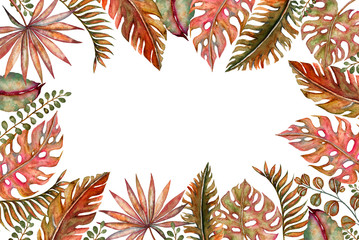 Fototapeta premium Watercolor set of vintage floral tropical natural elements. Exotic flowers, twigs and leaves. Botanical bright classic collection isolated on white background.
