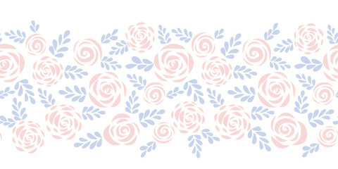 Fototapeta na wymiar Modern abstract flat roses and leaves subtle red and blue seamless vector border. Floral silhouette. Flower pattern for Valentines, fabric, card, poster, web banner, frame, stencil, wedding invitation
