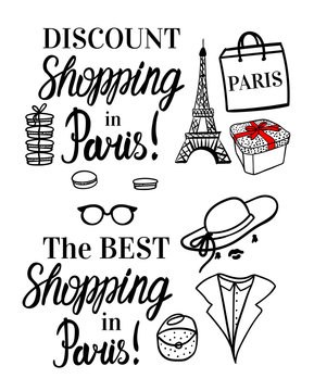 Discount Shopping in Paris lettering type. French Style woman Fashion black illustration woman. Vector hand sketch illustration