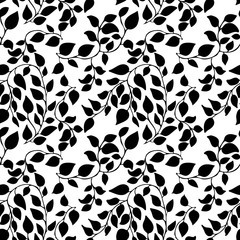 Seamless pattern with branches with leaves. Hand drawn vector black and white linear art. Floral background with ornate.