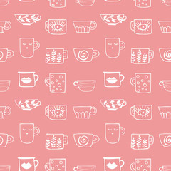Seamless pattern with drawn cups of tea and coffee. Winter drinks. Art can be used for a restaurant menu, coffee shop and cafe. White linear silhouettes of cans on pink background.