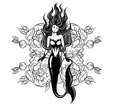 Vector illustration of beautiful mermaid with long hair, and flowers made  in realistic hand drawn sketch line stile. Template for postcard poster banner sticker badge and print for t-shirt