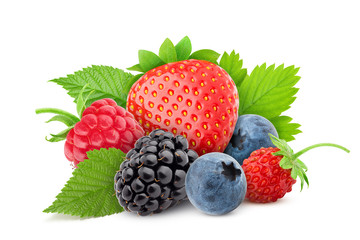 wild berries mix, strawberry, raspberry, blueberry, blackberry, isolated on white background, clipping path, full depth of field