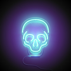 Neon sign. Retro neon Skull signboard on purple background. Design element. Ready for your design. Vector illustration.