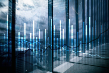 Double exposure Economics growth diagrams on blurred background. Business and investment concept.