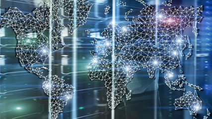 Global World Map Double Exposure Network. Telecommunication, International business Internet and technology concept