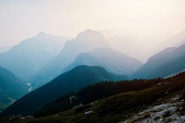 Mountain landscape with Mangart mountain in Julian Alps on the border between Italy and Slovenia