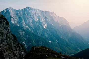Mountain landscape with Mangart mountain in Julian Alps on the border between Italy and Slovenia