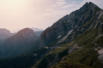 Fototapeta na wymiar Mountain landscape with Mangart mountain in Julian Alps on the border between Italy and Slovenia