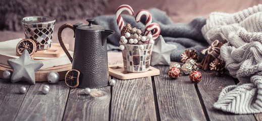 home comfort, details of the festive interior on a wooden table
