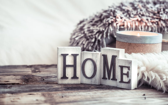 Cozy still life with details in the interior and wooden letters