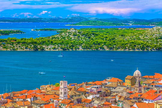 Sibenik town landscape archipelago. / Aerial view at marble mediterranean scenery in Sibenik town, Dalmatia region tourist places.