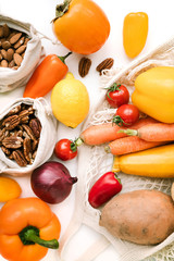 Healthy food on white background top view. Zero waste concept, no plastic. Fresh different vegetarian products, healthy food variety. Banner social media image