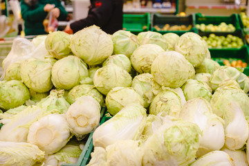 Fototapeta na wymiar Supermarket stand with group of fresh green cabbages in fruit and vegetable department.