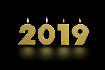 2019 New Year's Golden Lighten Up Candles 3D Render Illustration Isolated on Black Background With Floor Reflexion