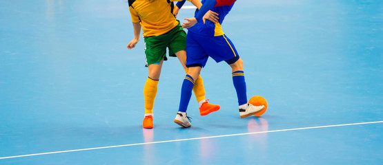 Football Futsal Ball and man Team. Indoor Soccer Sports Hall