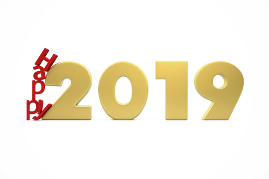 New Year's Happy 2019 - Golden Figures and Red Letters Collapsing - 3D Render Illustration Isolated on White Background