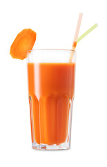 glass of fresh carrot juice isolated on white background