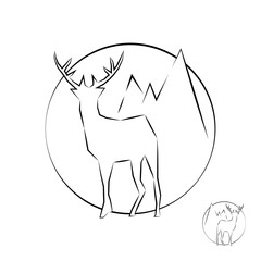 vector sketch of a stylish contour icon with a deer on a background of mountains, for interior, design, business cards, advertising