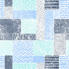 Seamless vintage pattern in patchwork style. Blue-white doodle ornament. Print with marine motifs. Vector illustration. - obrazy, fototapety, plakaty