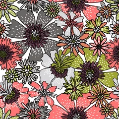 Deurstickers Seamless flower pattern. Decorative flowers drawn by hand. Print for textiles. Vector illustration. © flovie