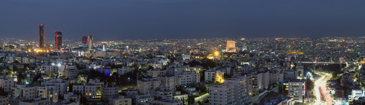Panoramic view of Amman's famous landmarks at night
