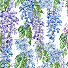 Beautiful seamless floral summer pattern background with tropical flowers, wisteria. 