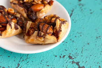 Classic Baklava on a Blue Distressed Surface