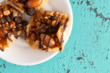 Classic Baklava on a Blue Distressed Surface