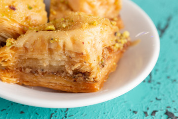 Classic Baklava on a Blue Distressed Surface